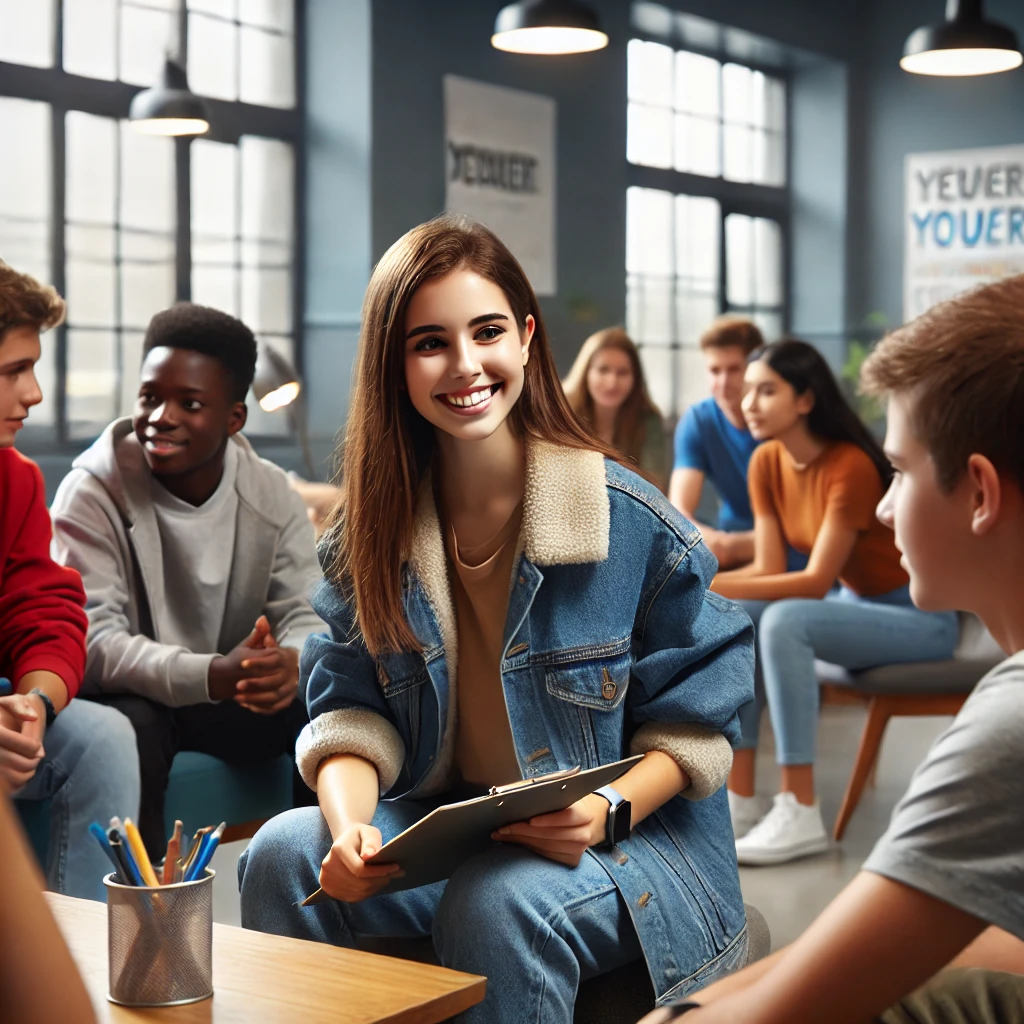 A young female social worker casually dressed, engaging with a younger group of community members indoors. The scene features a modern community center with bright lighting and a welcoming atmosphere, where the social worker is interacting with teenagers and young adults.