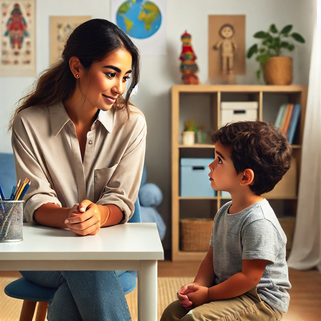 A young migrant child meeting with a diverse female Social Worker in a bright and welcoming office, creating a supportive and friendly environment.