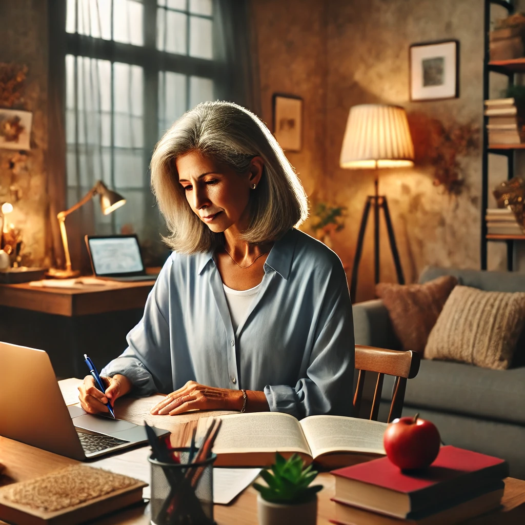 An older, diverse female social worker in a cozy home office environment, highlighting her commitment to lifelong learning in a warm and inviting setting