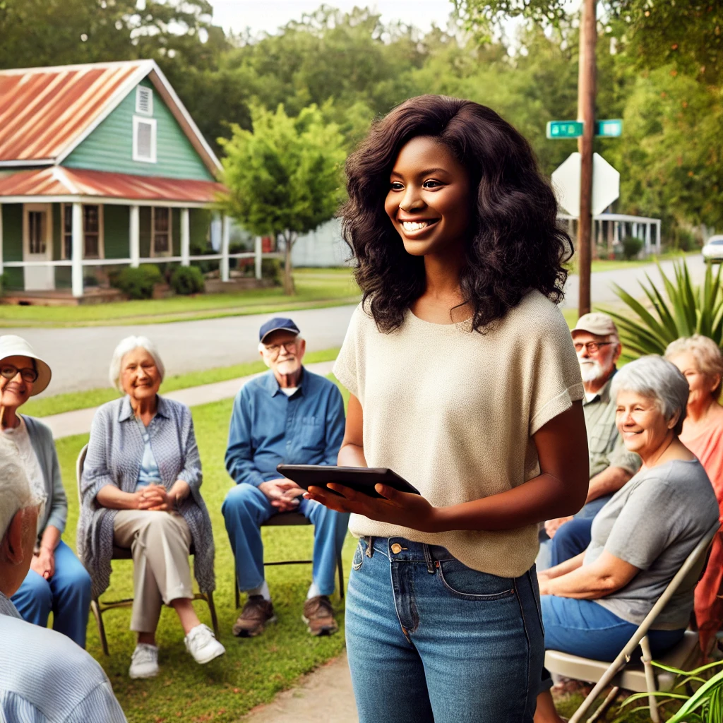 A black female social worker in casual attire, meeting with a diverse group of community members outdoors in Mississippi. The setting features greenery, trees, and a few buildings in the background, creating a warm and welcoming community environment. The social worker is engaging warmly with the community, highlighting a positive and collaborative atmosphere.