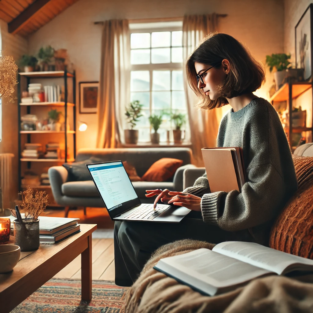 A woman taking a continuing education class at home in a cozy environment
