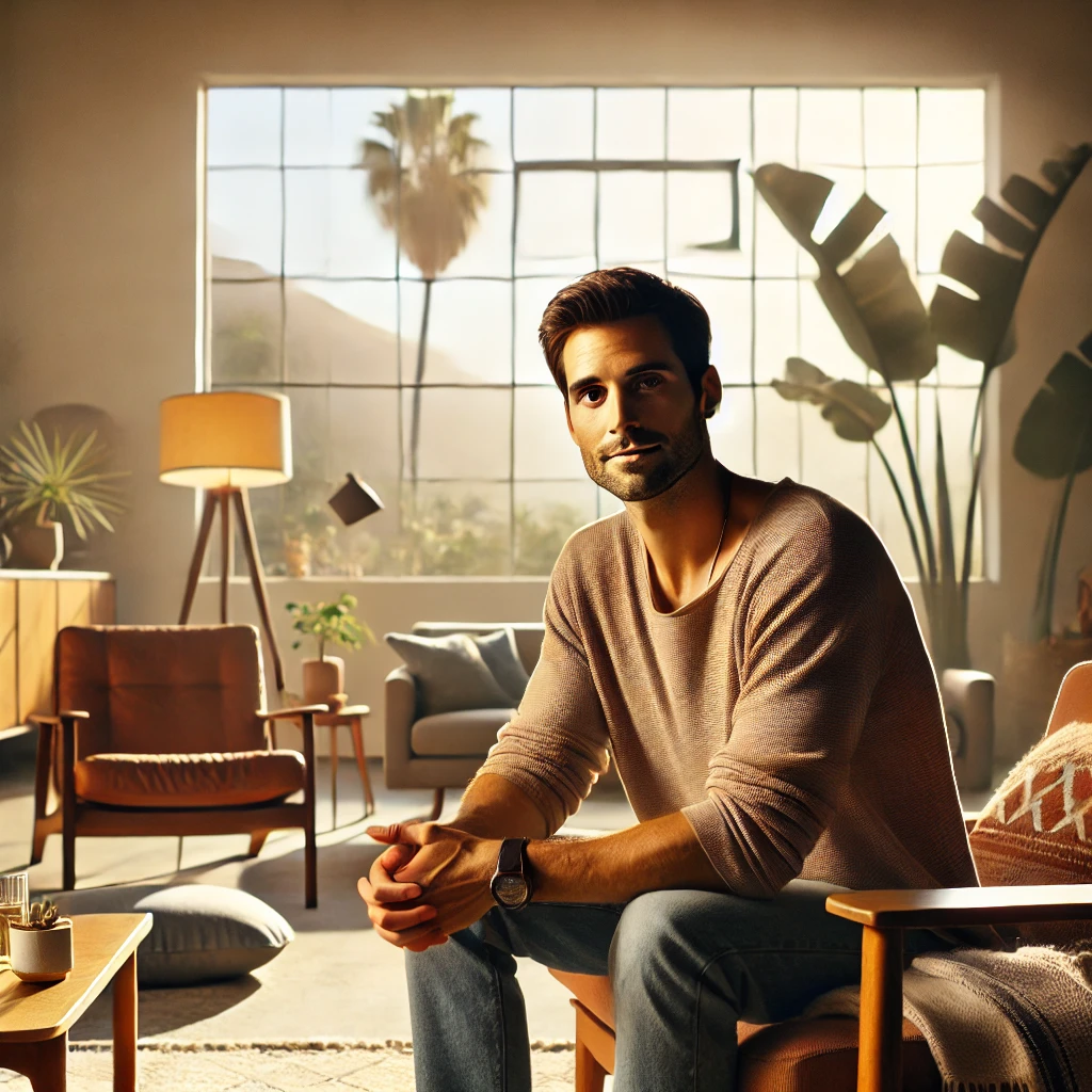 a counselor in a relaxed, warmly lit setting in California. The scene captures a cozy and inviting atmosphere, with natural elements like plants and soft lighting to create a peaceful environment.