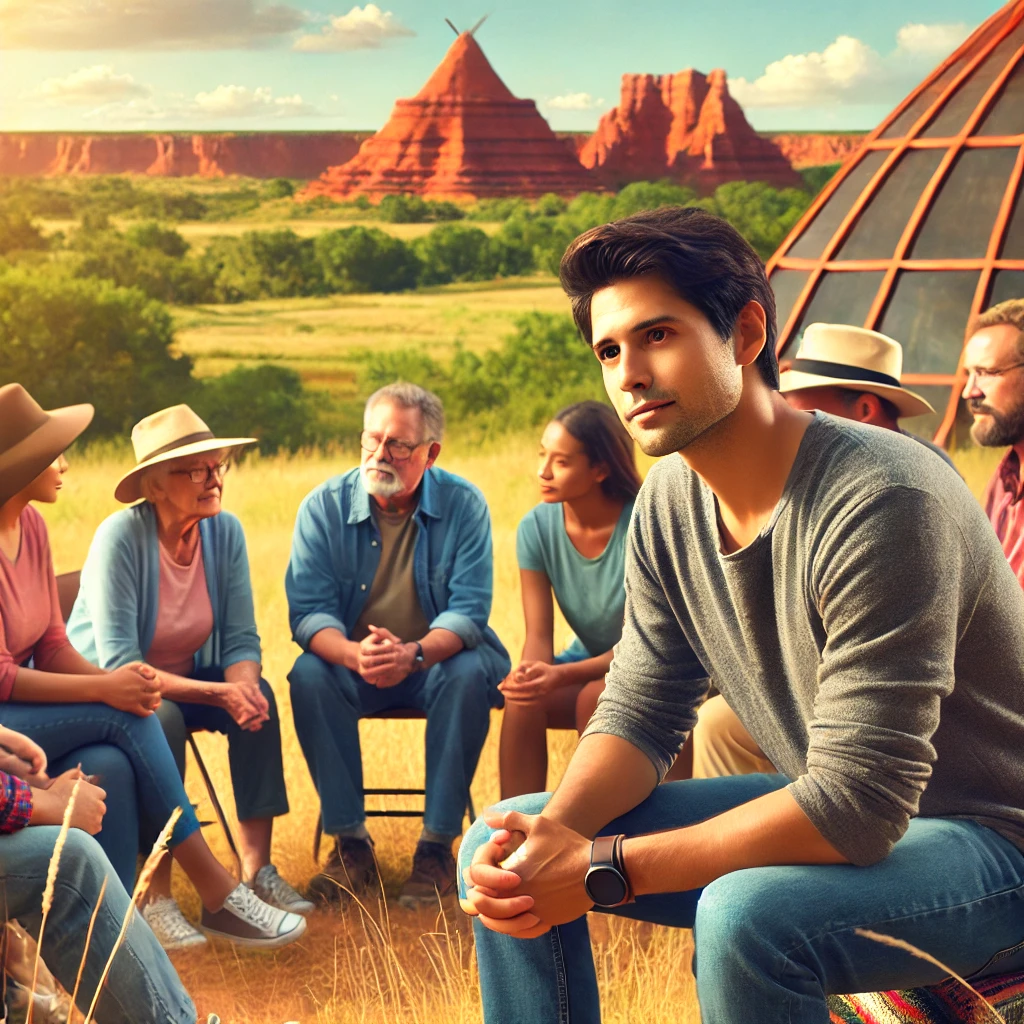 A diverse and casually dressed Licensed Professional Counselor working outdoors with the community in Oklahoma. The casual atmosphere and the connection to Oklahoma’s natural landscapes and community are highlighted in this image.