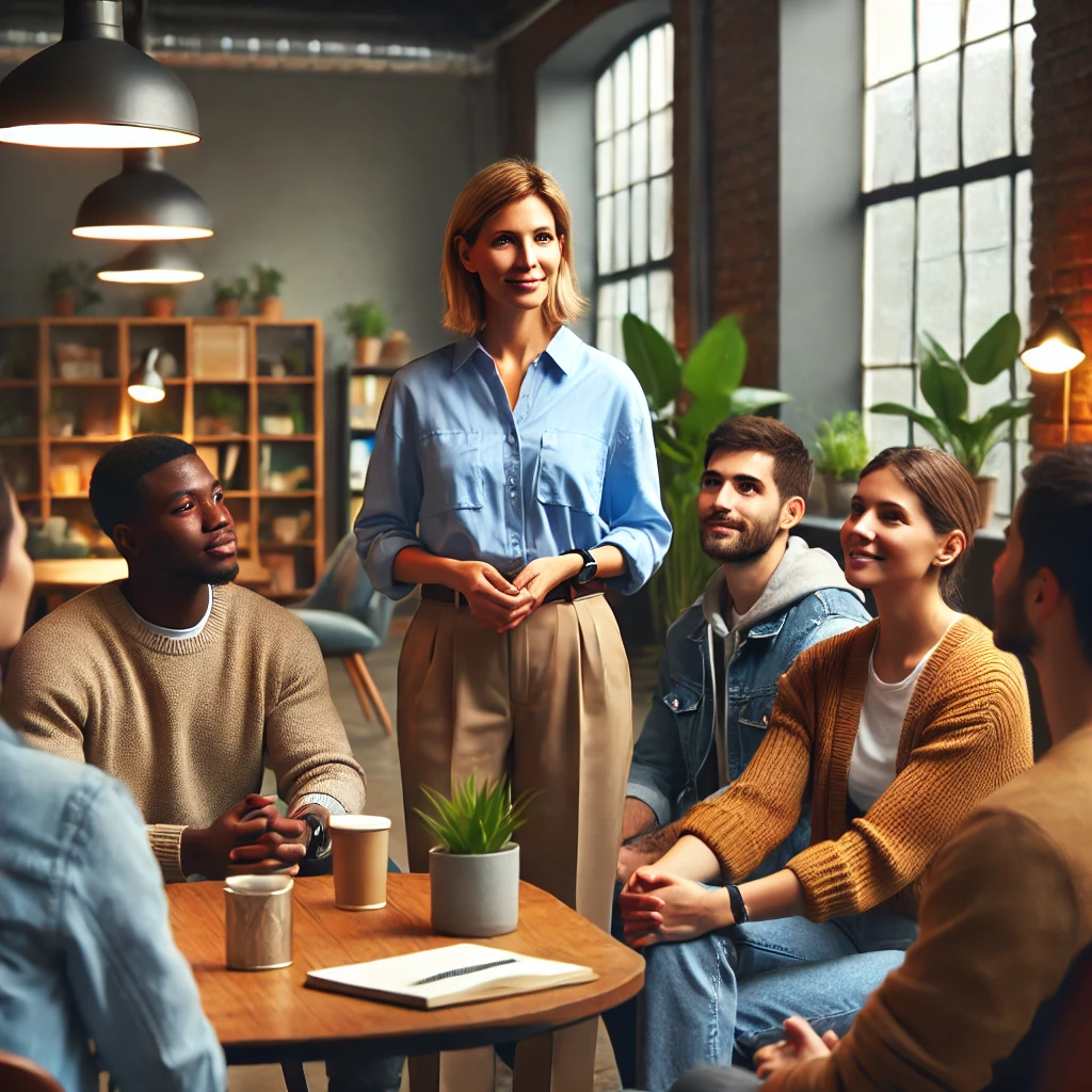 A diverse counselor leading a casual and collaborative meeting in an informal office setting, reflecting career growth in a relaxed atmosphere