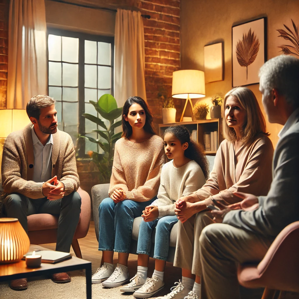 A diverse counselor practicing therapy with a family in a warm, inviting environment. The family is engaged in a conversation, highlighting the supportive and empathetic atmosphere of family therapy