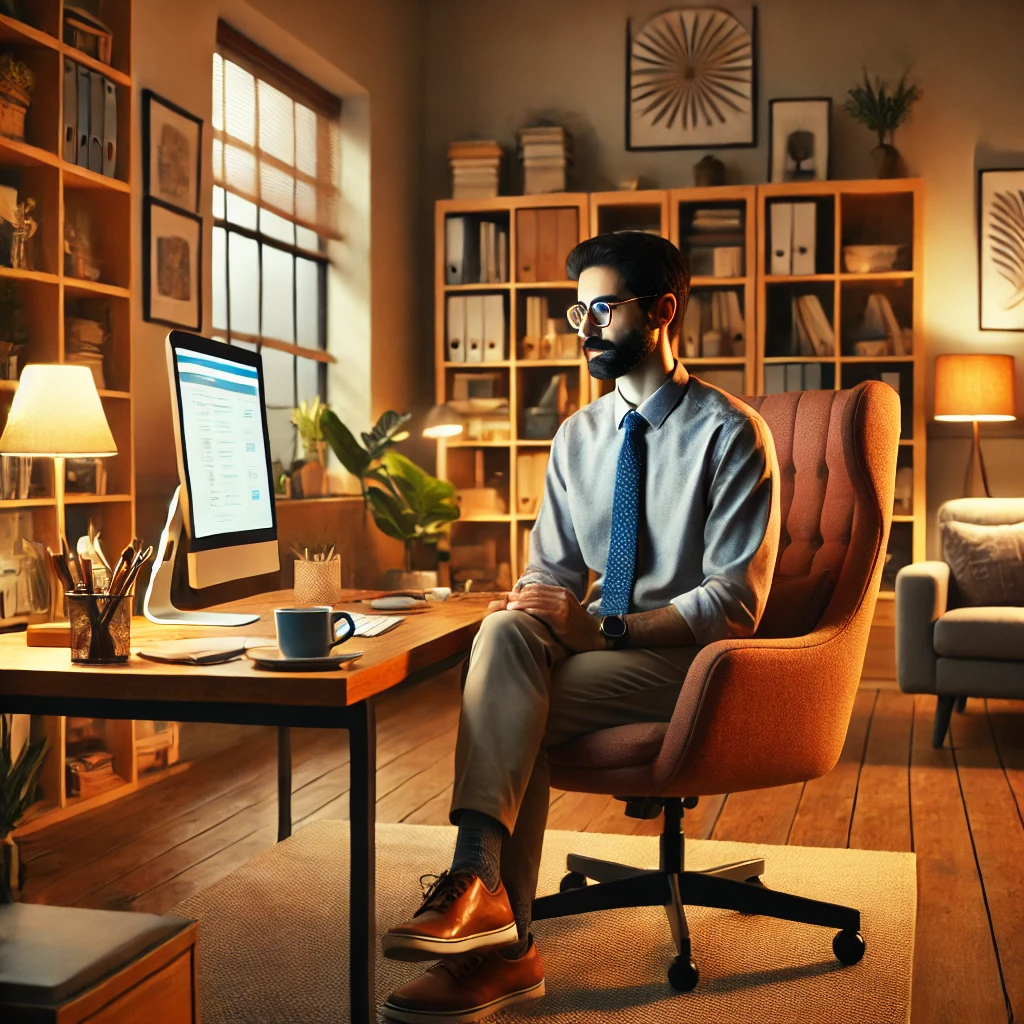 A diverse counselor in a cozy office, studying in front of a computer.