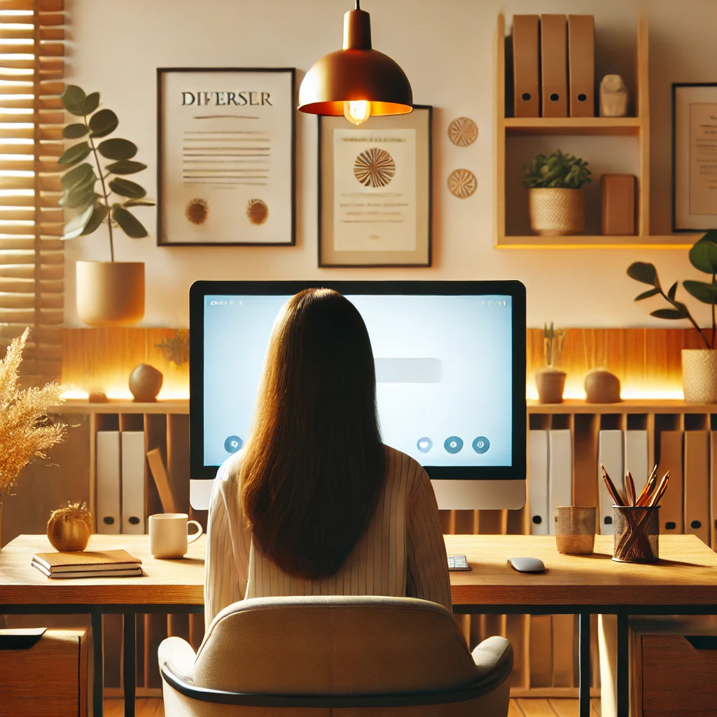 a diverse counselor in front of a computer in an office setting
