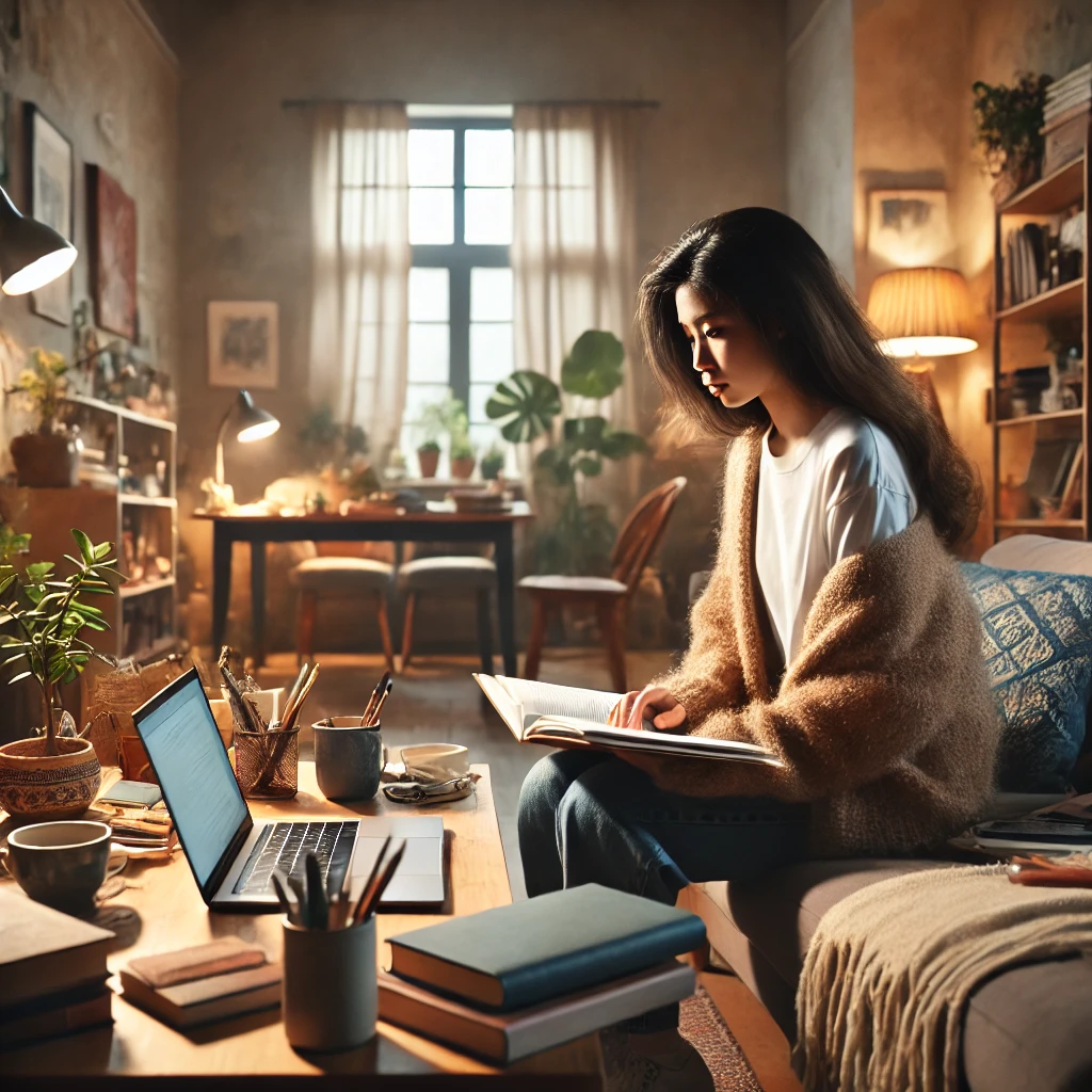 A diverse counselor studying for an exam in a cozy home environment