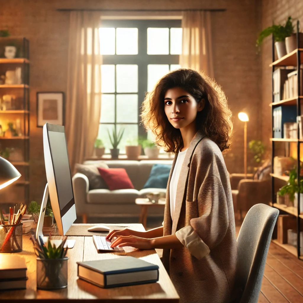 A diverse female counselor in a cozy office setting. The scene reflects a warm and inviting environment, ideal for focused work