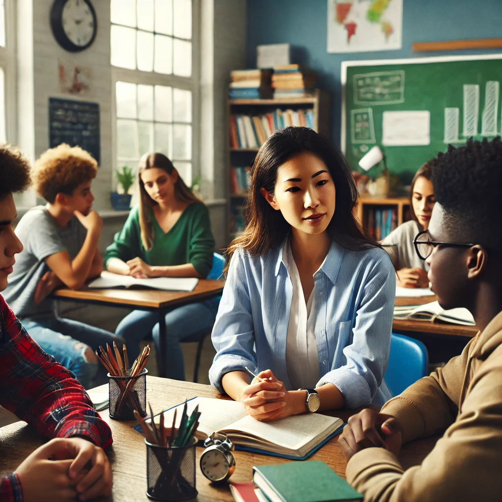 A diverse school counselor helping students, reflecting a supportive and collaborative environment