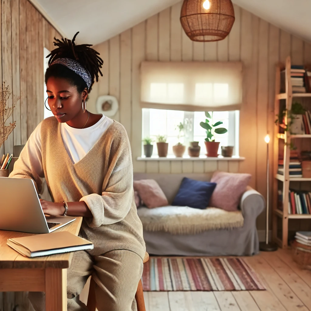 A diverse social worker taking an online course in a cozy home environment. It captures the warm and inviting atmosphere of productive learning