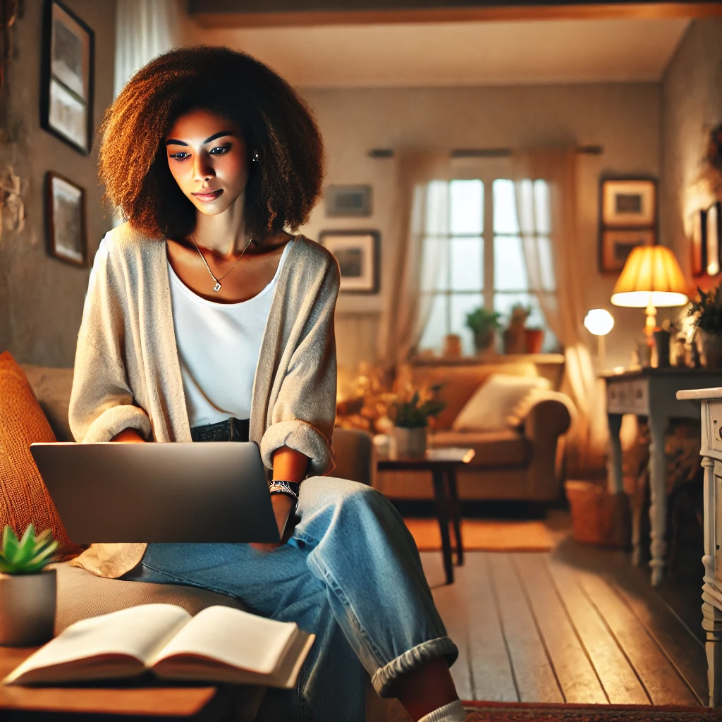 A diverse younger woman in her late 20s or early 30s, learning from an online course in a warm home environment.