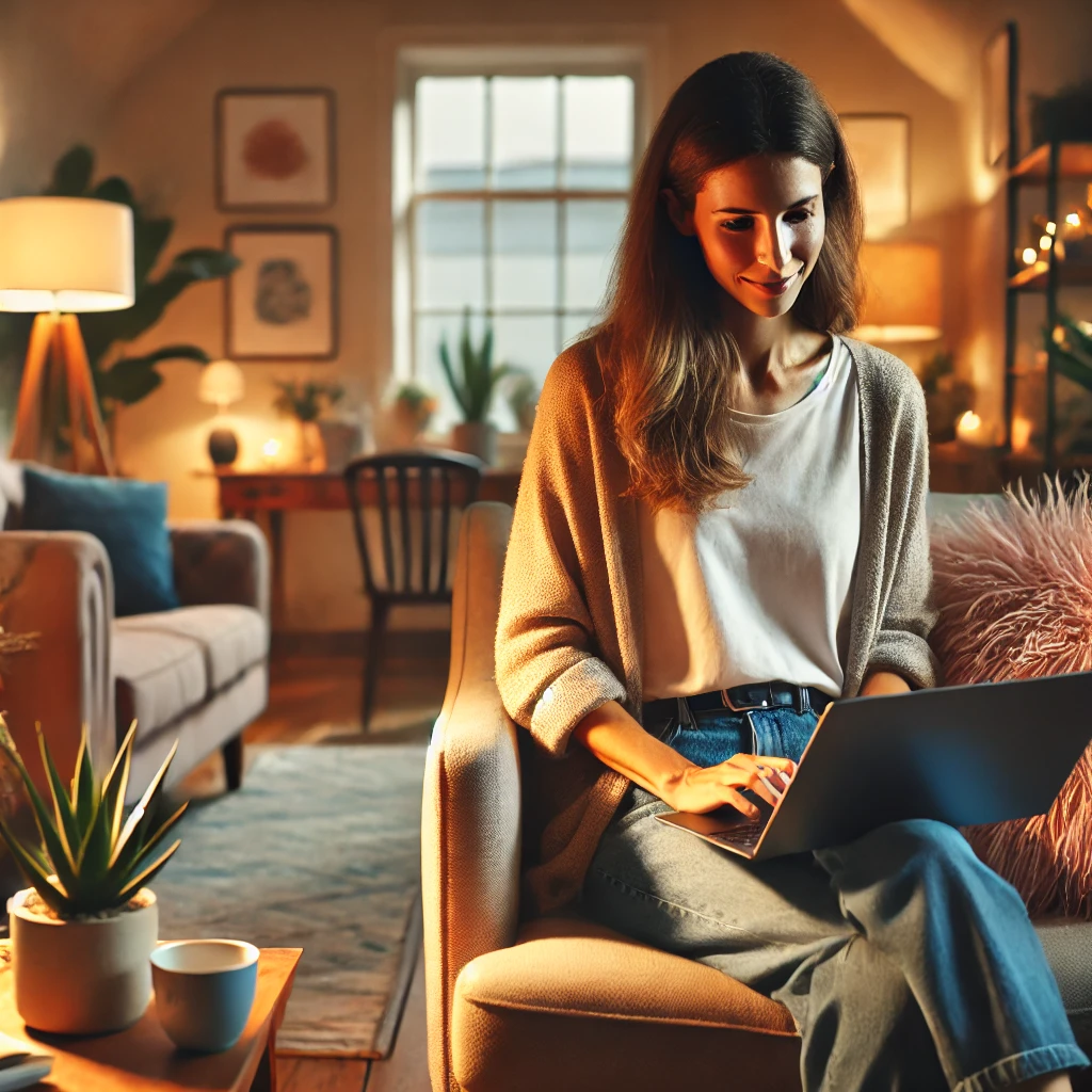 A female counselor in a relaxed, cozy setting