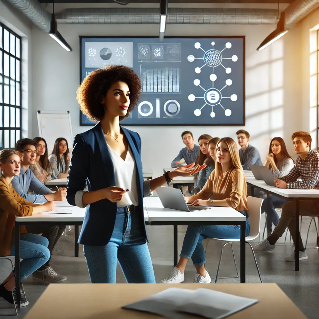A female professor presenting to a college class.