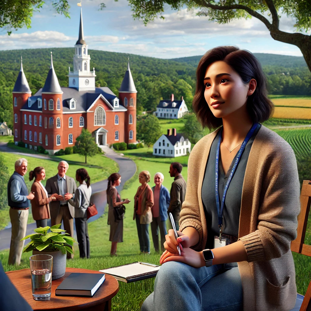 A diverse female counselor engaging with the community outdoors in a Connecticut setting, showcasing the state's natural beauty and iconic architecture.