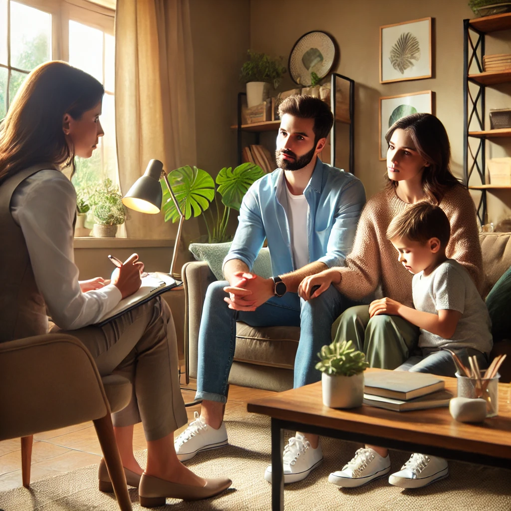 a Marriage and Family Therapist engaging with a family in a warm and supportive setting