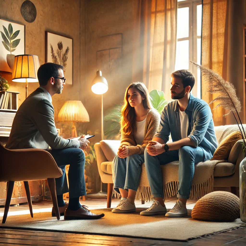 A marriage and family therapist working with a couple in a cozy, comfortable environment. The therapist is seated apart from the couple, fostering a supportive and safe atmosphere for the session.