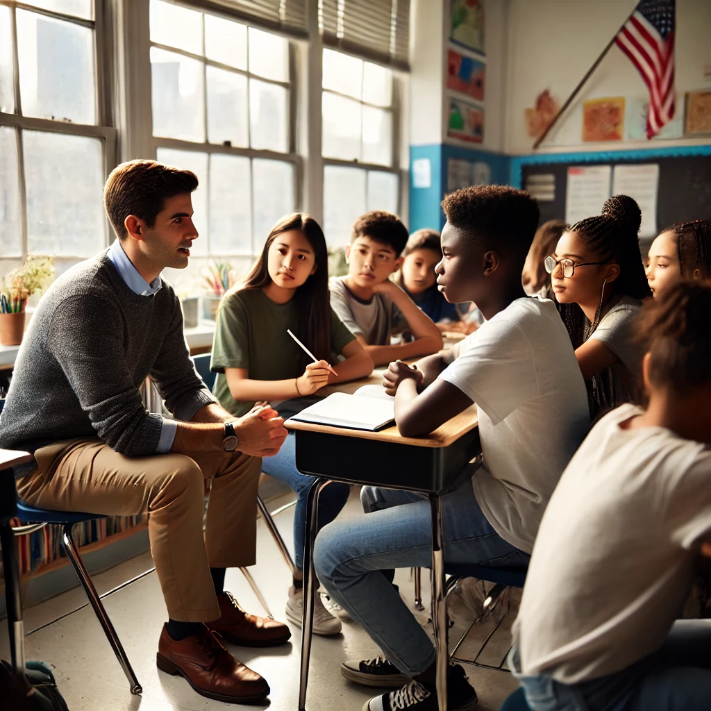 A school counselor working with diverse students in a New York public school
