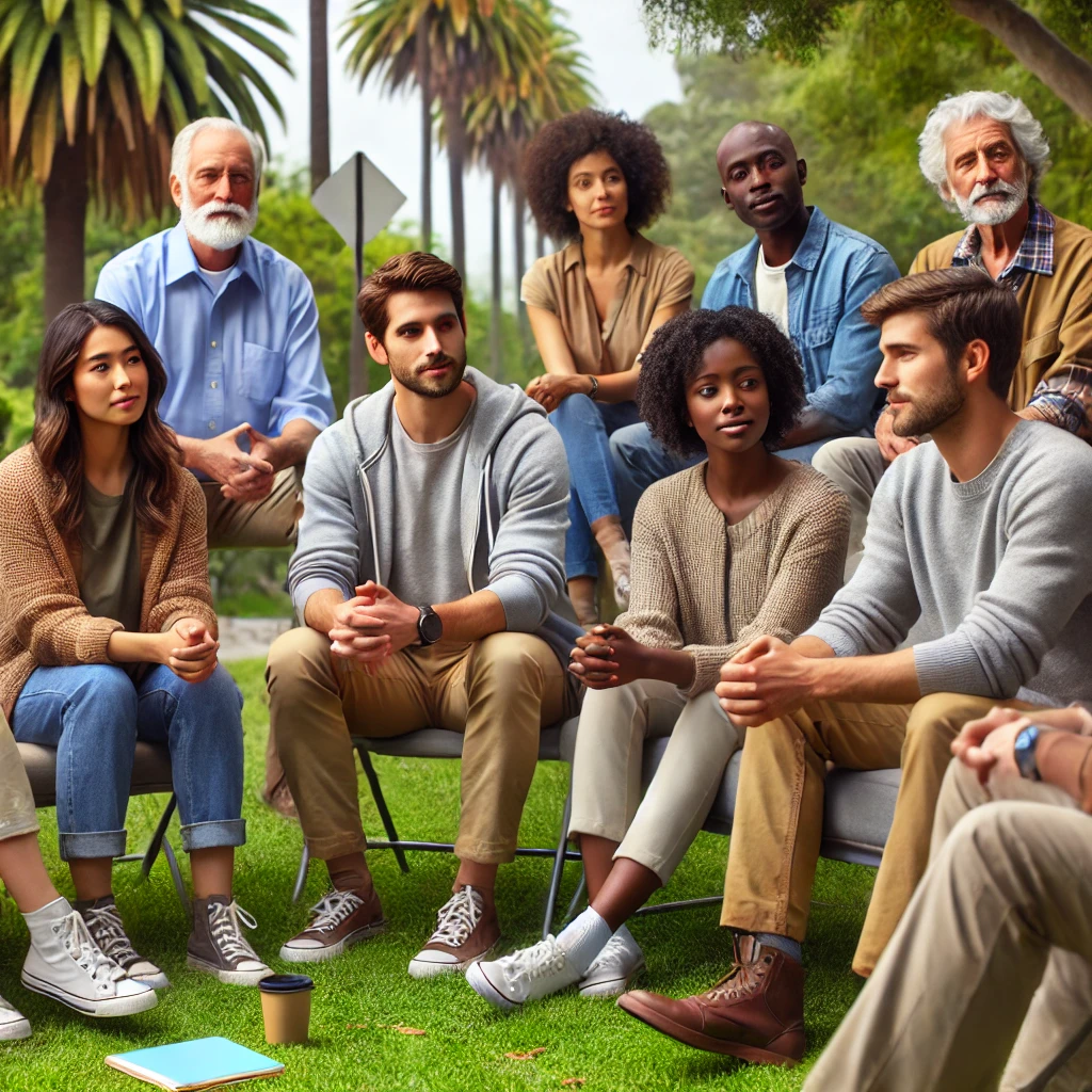 A smaller group of diverse counselors and community members meeting outdoors in a relaxed California setting