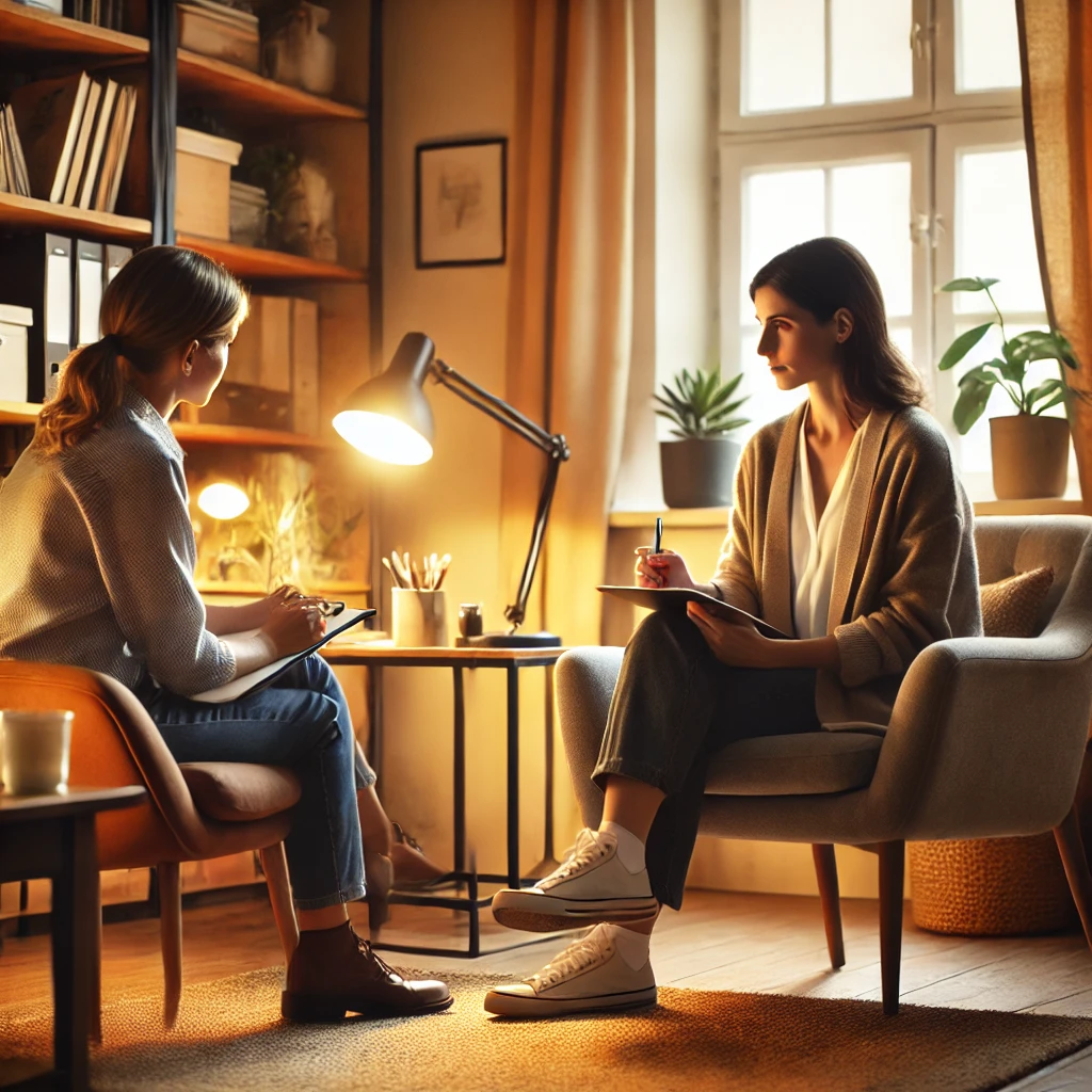 A supervision conversation between a counselor and her supervisor in a cozy office environment. It captures the warmth and supportive atmosphere, fostering collaboration and guidance
