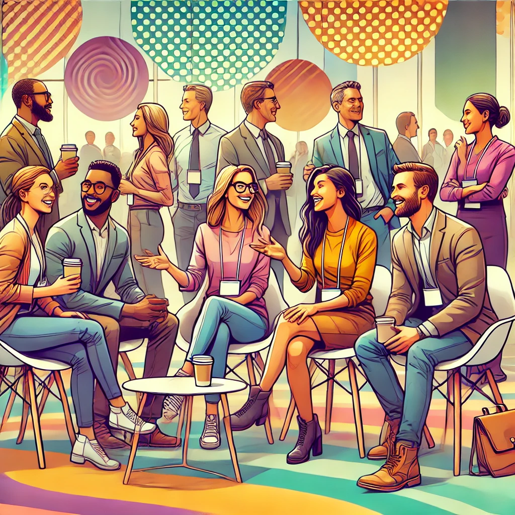 An illustrative-style image of a diverse group of counselors chatting at a conference in a vibrant, welcoming setting. The colorful and animated style captures the energy and collaborative spirit of the event