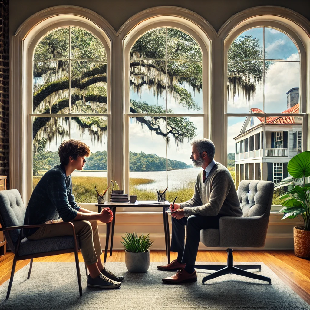a Licensed Professional Counselor and a client during an indoor session, with a South Carolina landscape visible through the window