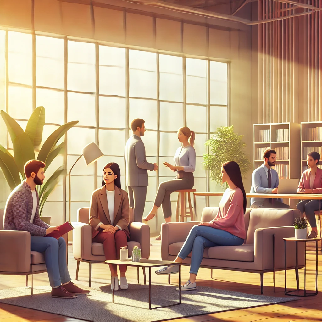 Several counselors engaged in conversation in a bright, warm environment