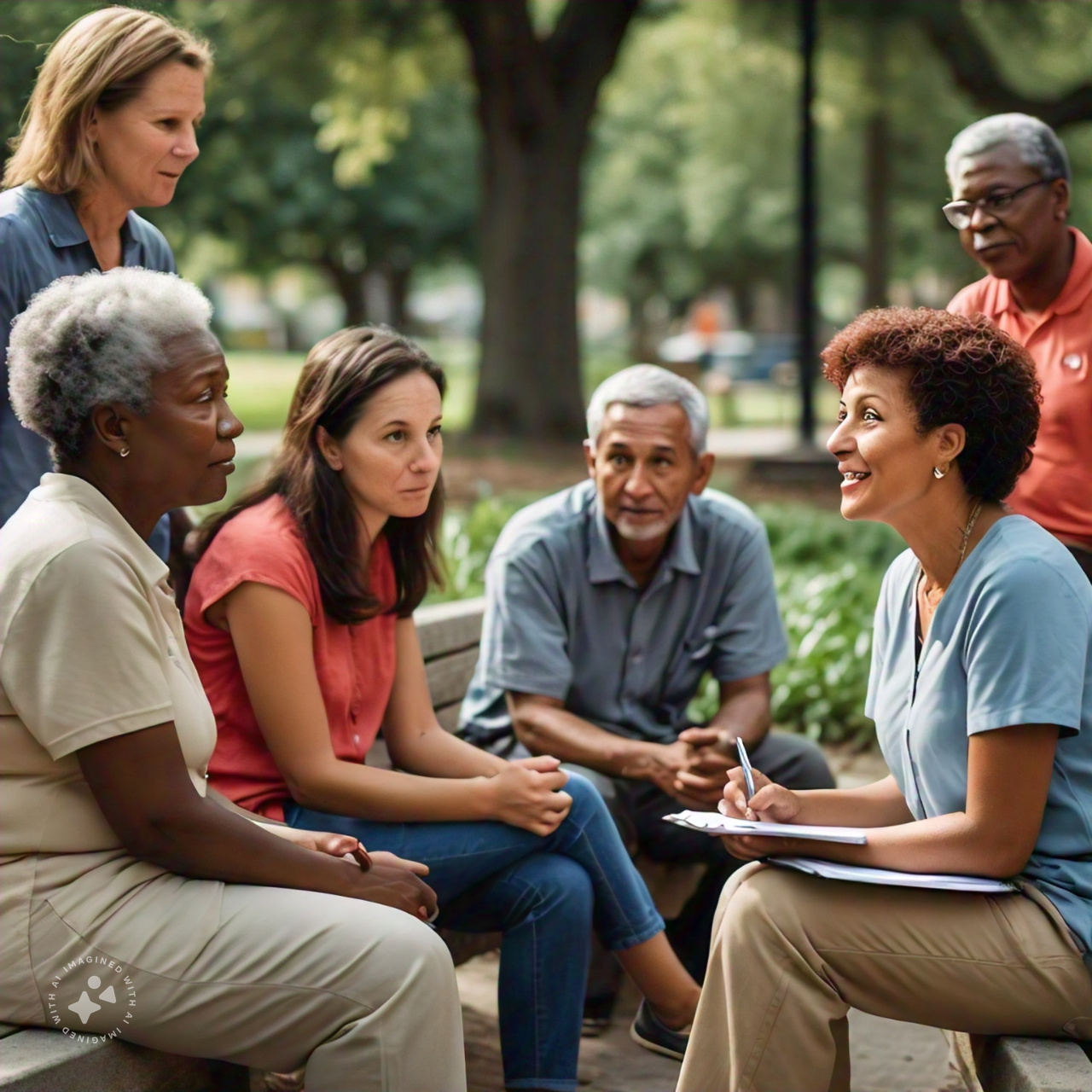 A casual diverse counselor meeting with the community outside in Texas