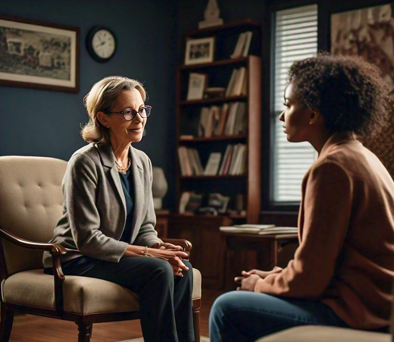 Counselor meeting indoors with woman.