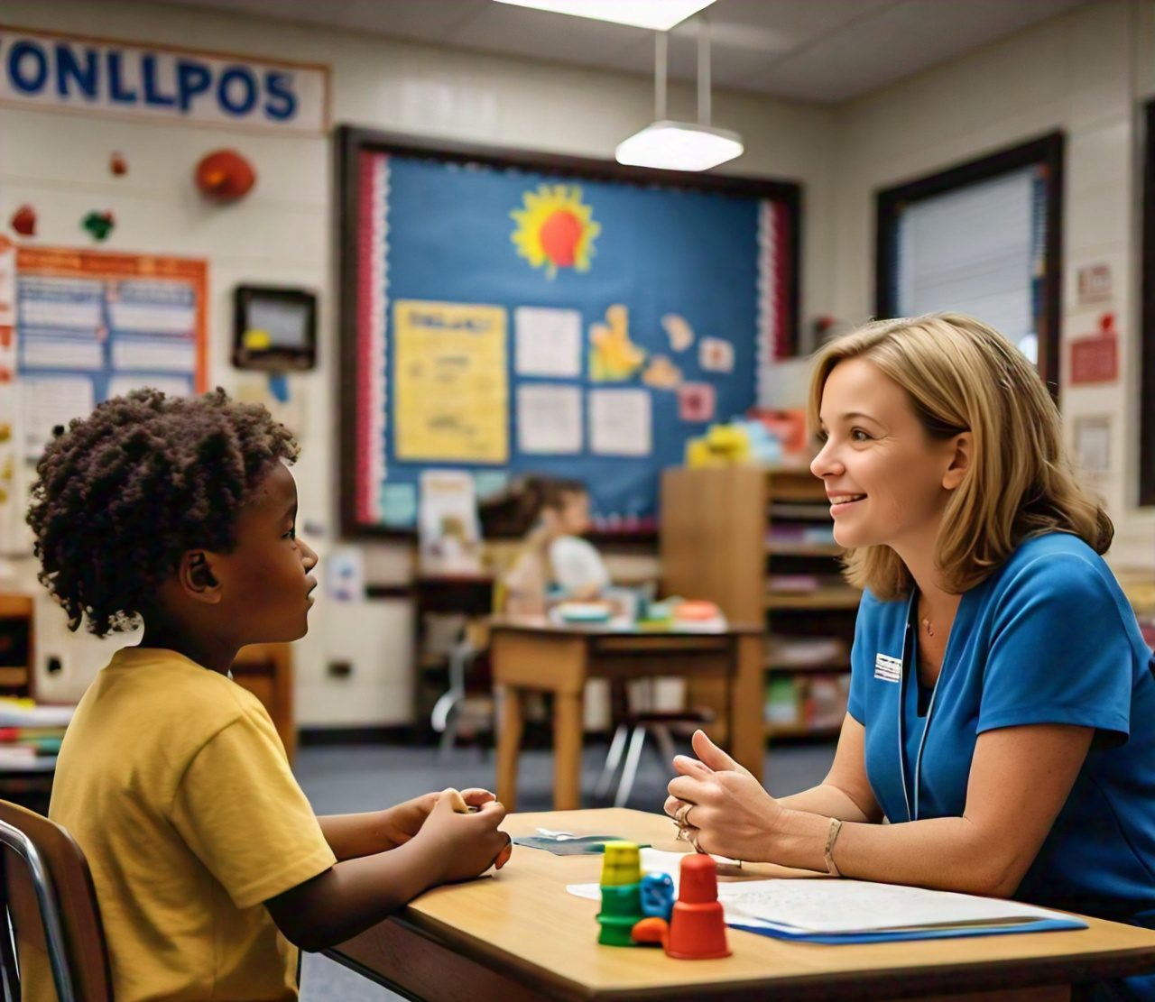Young female counselor working with a child in a school.