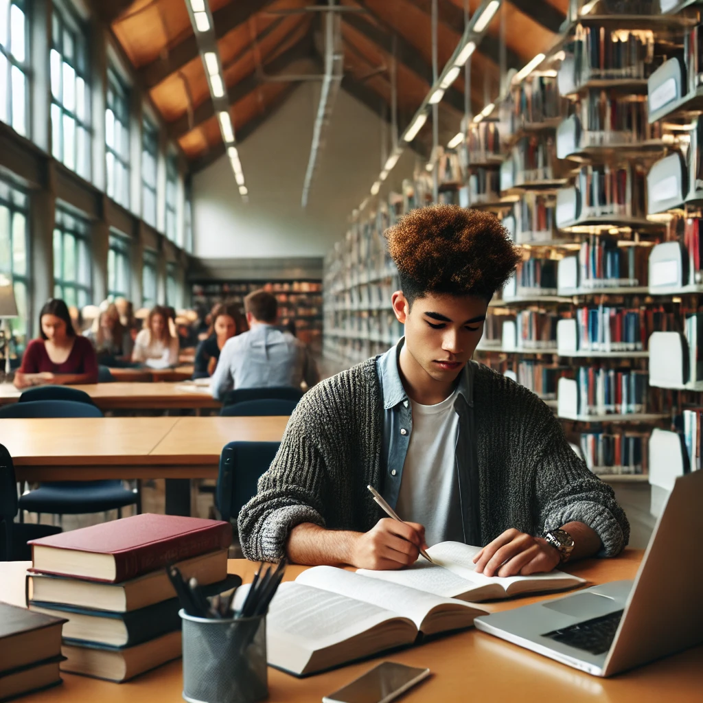 A diverse college student studying in a peaceful library setting, surrounded by books and focused on their work.