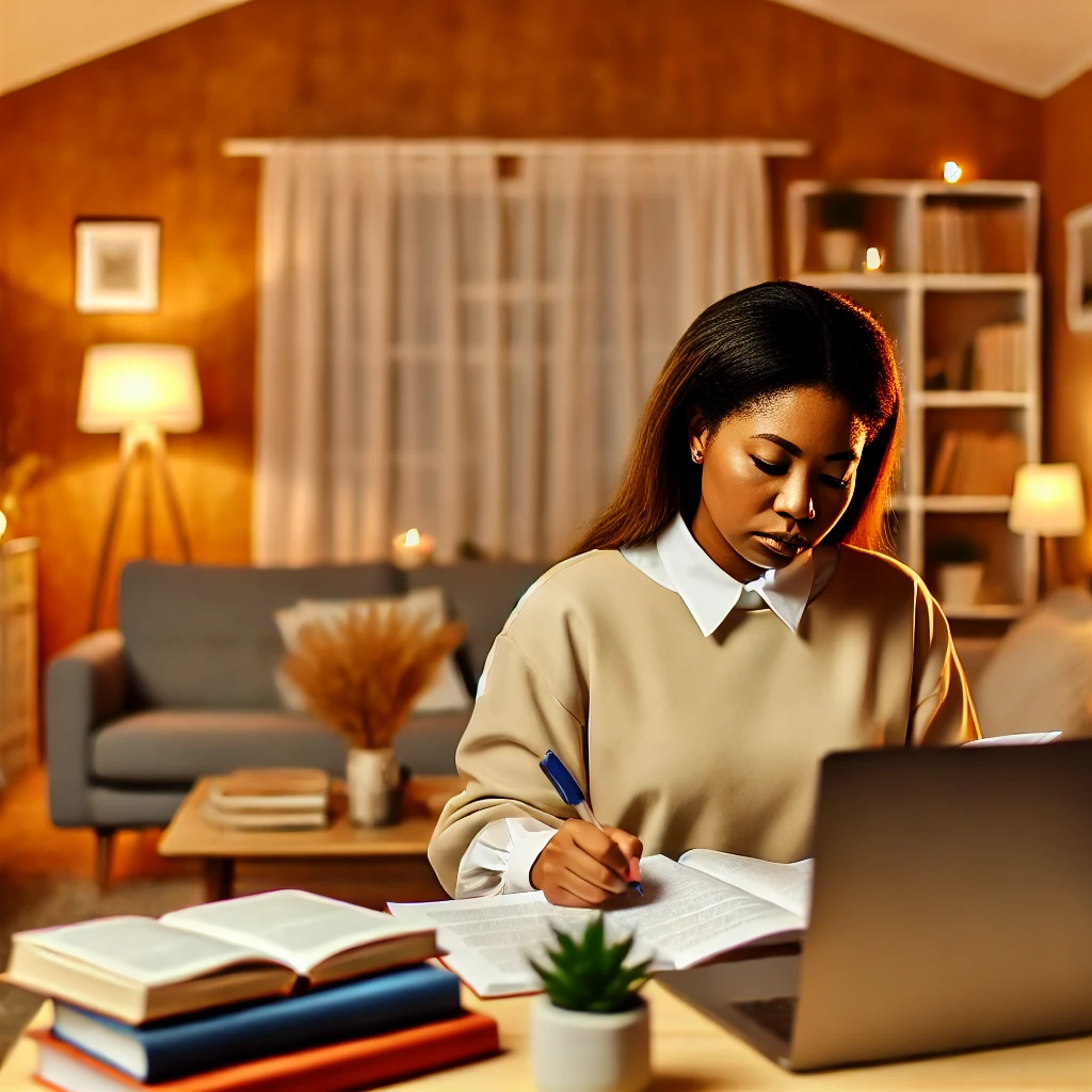 a diverse female social worker studying for an exam in a warm, cozy home setting. The inviting study space, filled with personal touches, reflects a focused and determined preparation atmosphere.