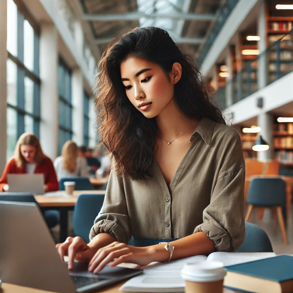 a diverse female student studying in a college setting