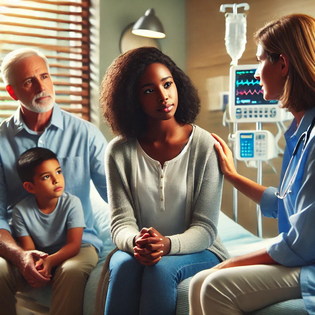 Diverse hospital counselors working with family members in a hospital setting, providing compassionate guidance and support