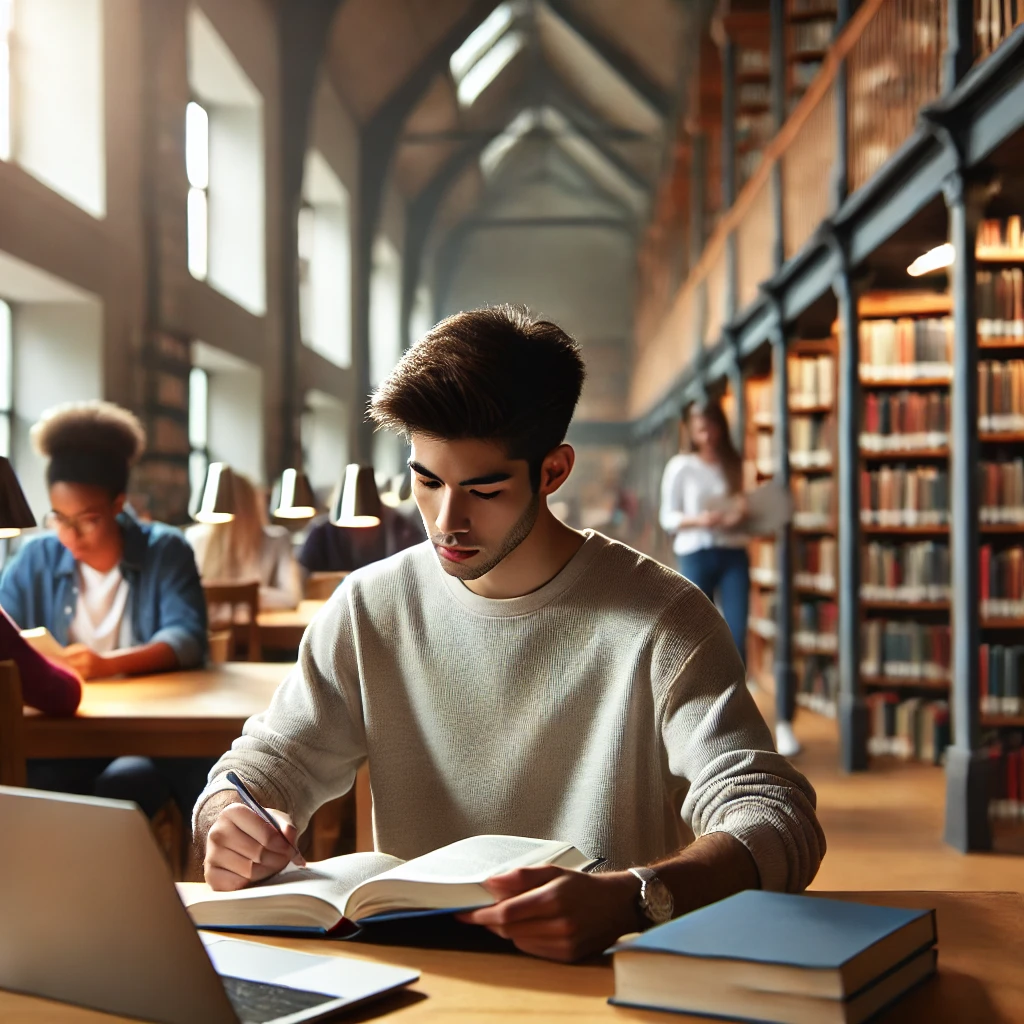 a diverse student studying for an exam in a college library. The setting reflects a quiet, focused atmosphere as the student works with books and a laptop.