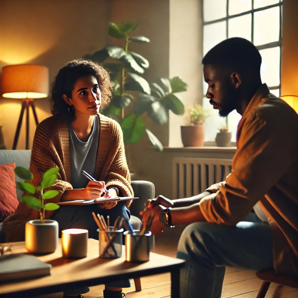 A diverse counselor working with a client in a therapeutic environment, reflecting a supportive and inclusive atmosphere. Let me know if you'd like any adjustments!