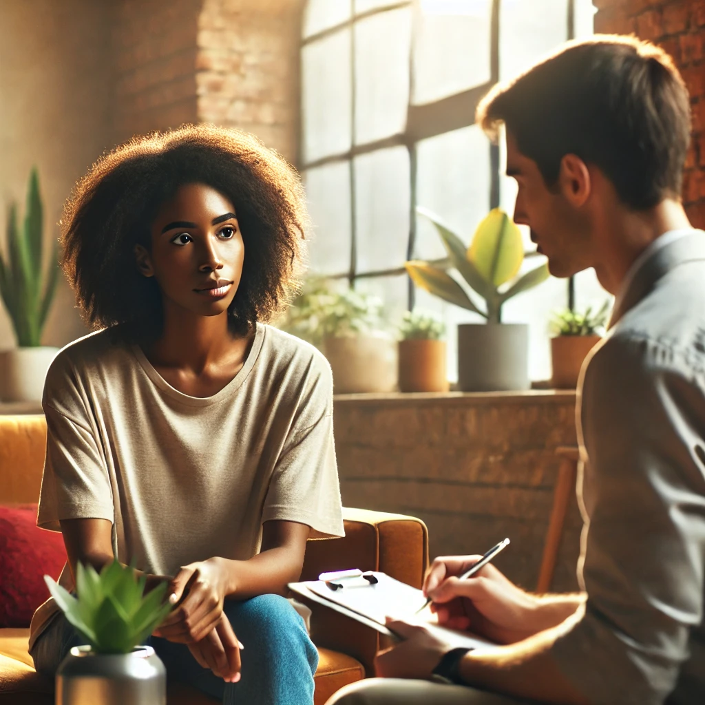 A diverse therapist and client in a bright, warm office, both deeply engaged in a serious conversation within a professional and inviting environment.