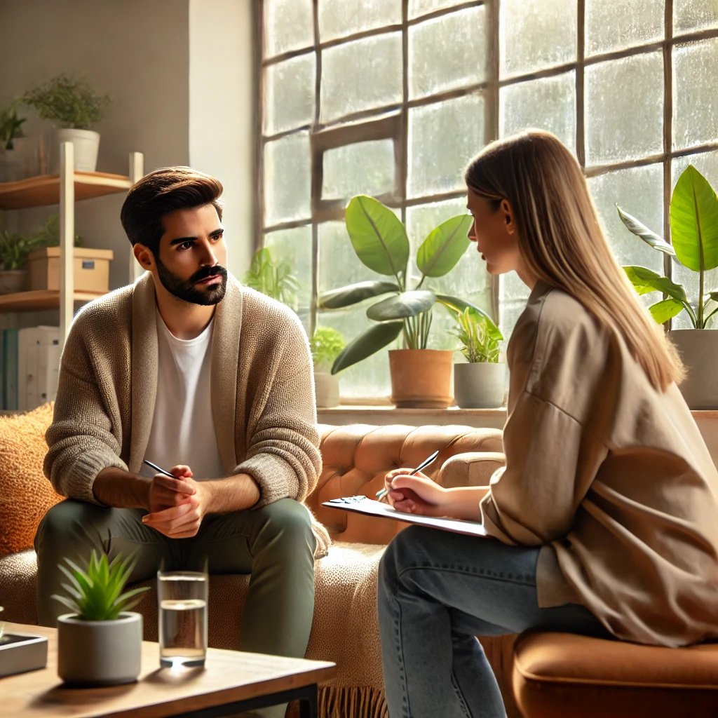 A diverse therapist working with a client in a bright, warm office. The therapist and client are engaged in a meaningful conversation