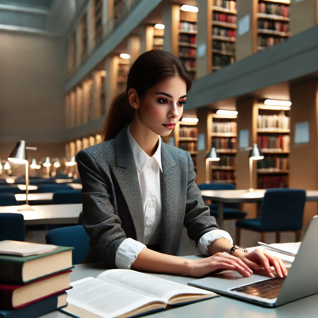 a female student studying for her master's courses in a quiet and focused library setting, with books, notes, and a laptop in front of her as she diligently works.