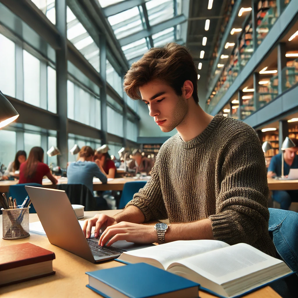 a student studying for an exam in a collegiate environment, surrounded by textbooks, notes, and a laptop, all within a modern, academic setting. The atmosphere is calm and productive, ideal for focused studying.