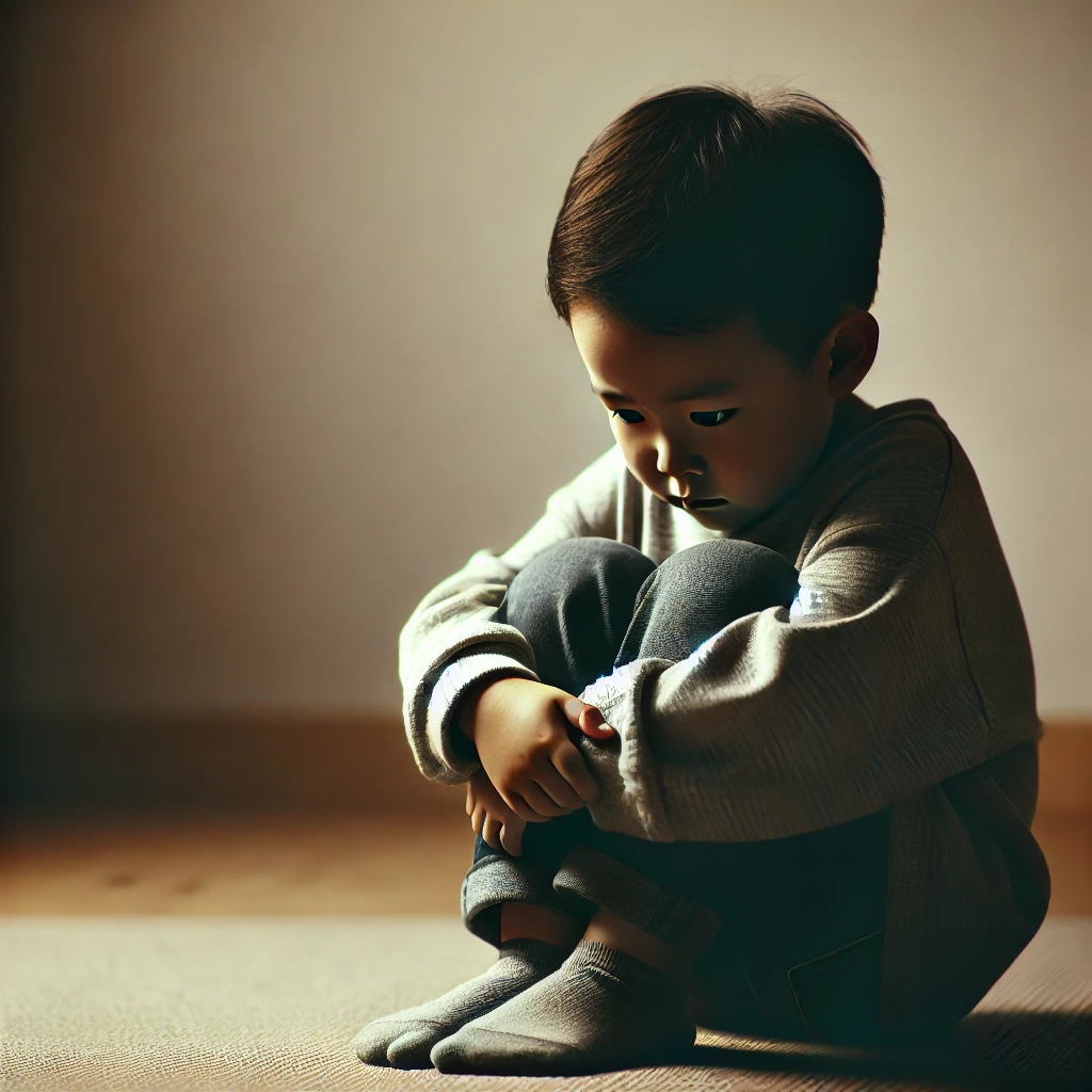 A young child sitting alone with a fearful expression, conveying a sense of solitude and vulnerability in a softly lit, quiet room.