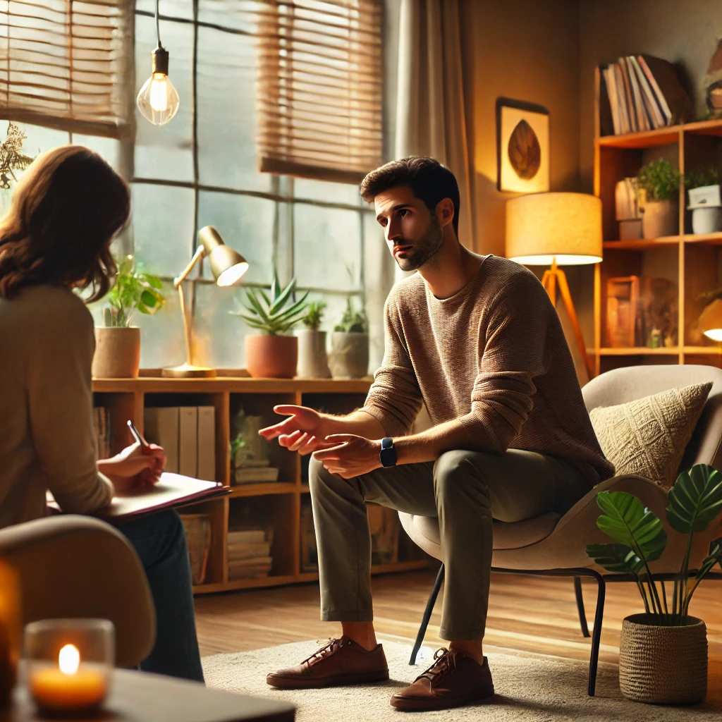 an empathetic counselor working with a client in a cozy office environment, creating a supportive and trusting atmosphere for their interaction.