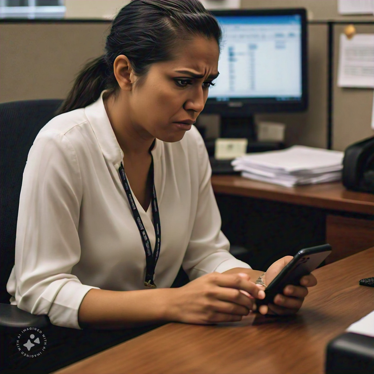 a diverse female social worker looking at their phone in an office setting with confusion on their face