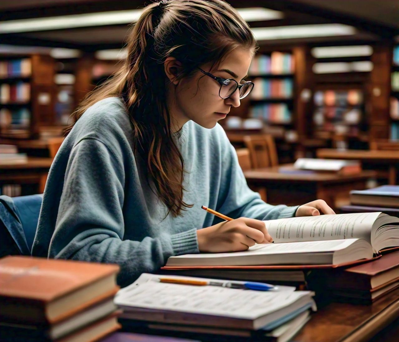 a student studying in a library in college