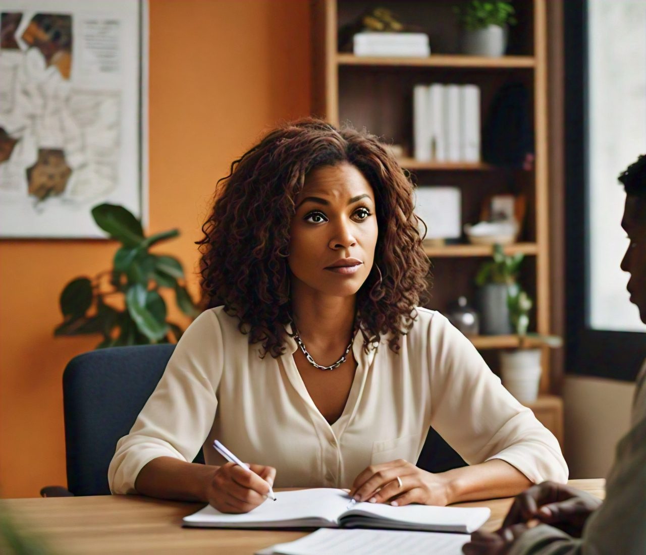 a diverse therapist working with a client in a bright, warm office. Both are engaged in a serious conversation in a welcoming, professional environment.