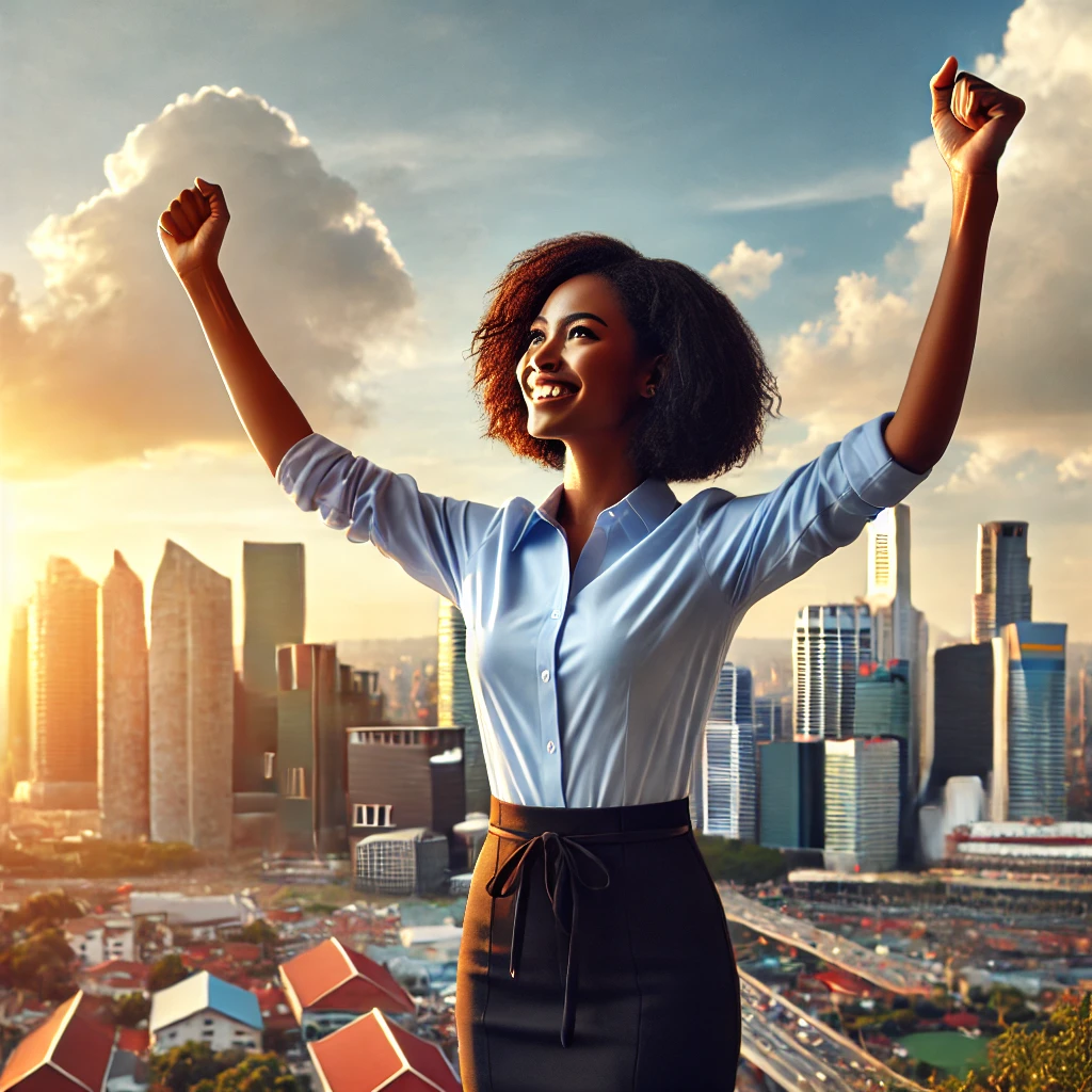 a Black female Social Worker celebrating with her hands raised, facing a vibrant city skyline