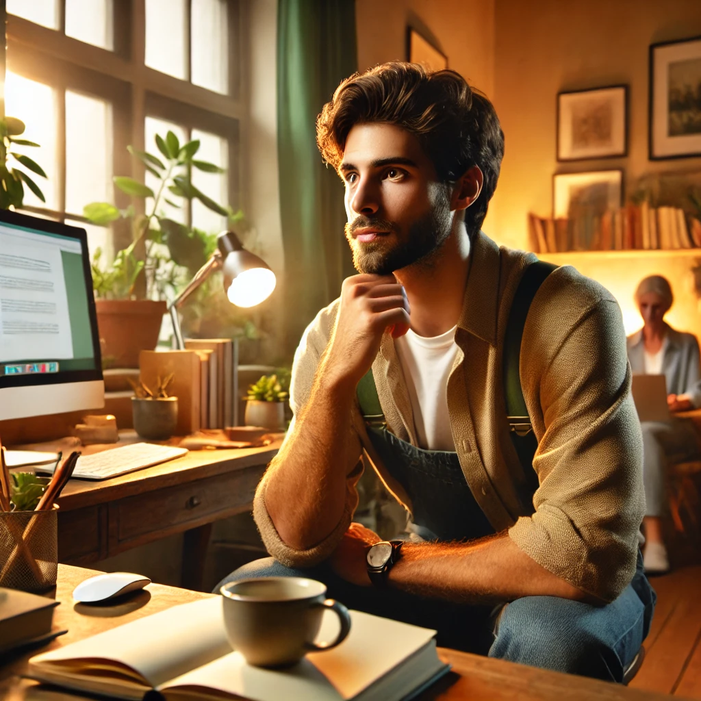 a Social Worker sitting thoughtfully in a warm and inviting office.