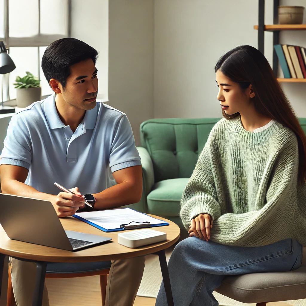 a diverse social worker conducting a mental health assessment with a client in a more casual office setting.