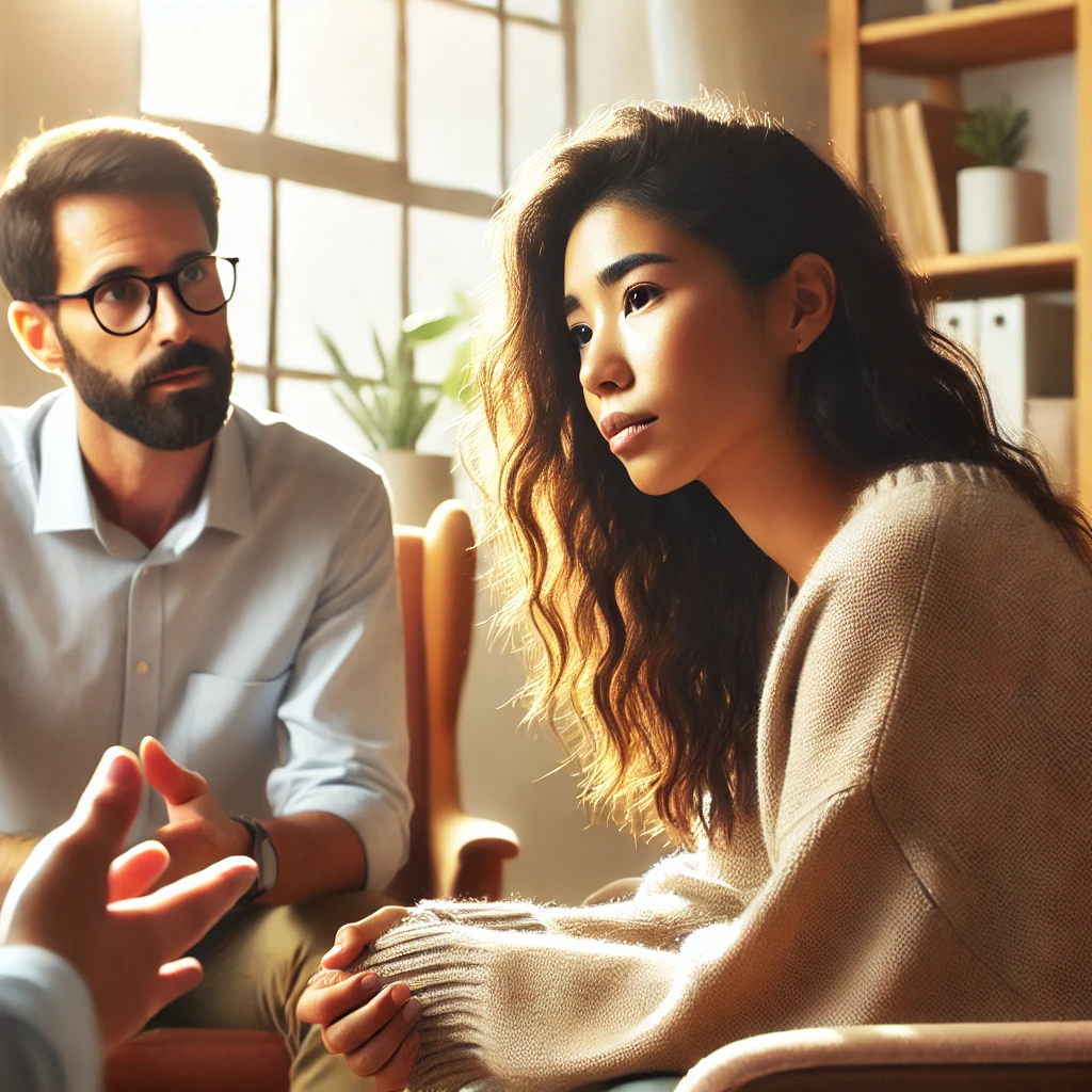 one therapist helping another therapist with a tricky problem in a warm, diverse, and supportive therapy office setting.