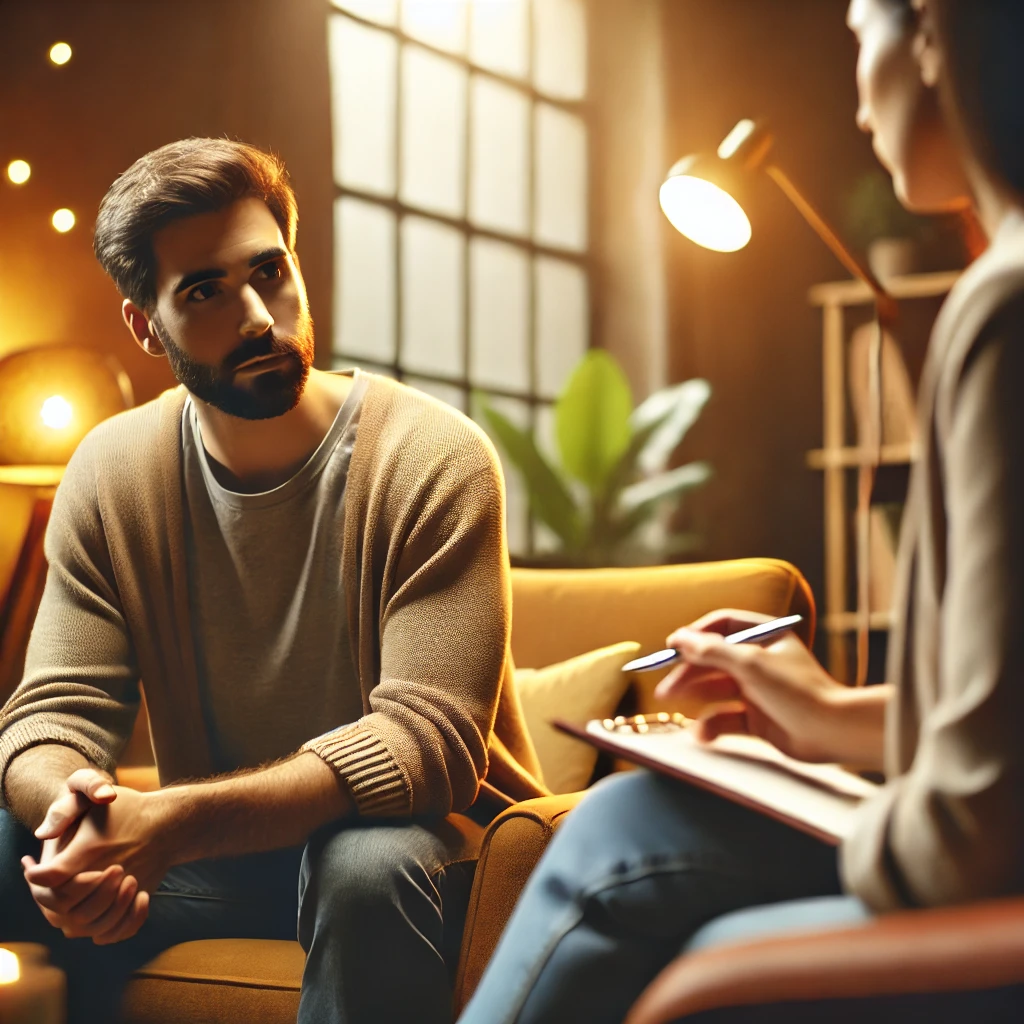 close-up image of a counselor providing peer supervision in a warm, inviting therapy office